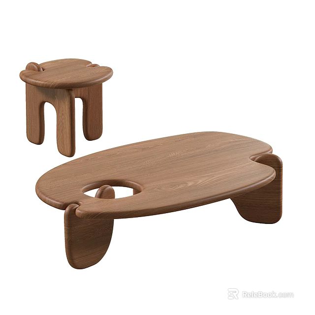 Modern Wooden Coffee Table Featuring Unique Shape Hollow Design and Matching Small Side Table 3d model