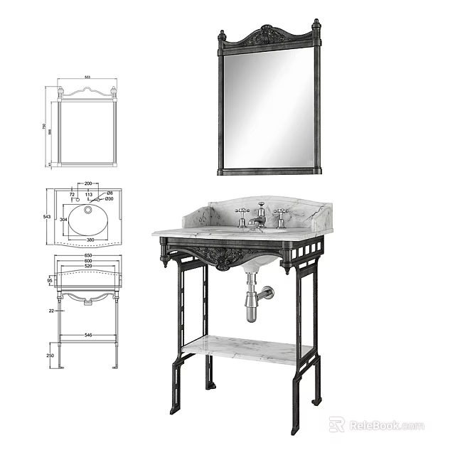 Bathroom Sink With Metal Stand Marble Countertop And Wall Mirror With Dimension Drawings 3d model 