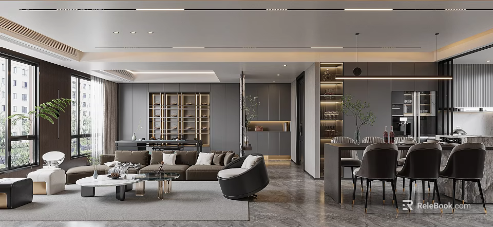 Modern Living And Dining Room Interior With Gray Sofa Coffee Table Dining Chairs And Plants 3d model 