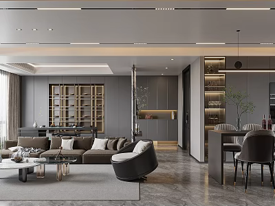 Modern Living And Dining Room Interior With Gray Sofa Coffee Table Dining Chairs And Plants 3d model
