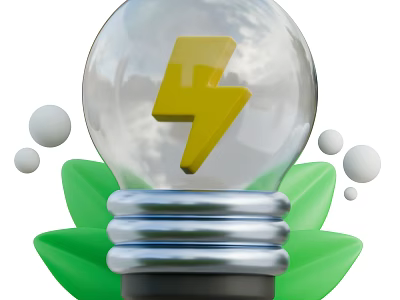 Green Plant Leaves Supporting Clear Light Bulb Featuring Yellow Lightning Bolt and Bubbles 3d model