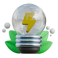 Green Plant Leaves Supporting Clear Light Bulb Featuring Yellow Lightning Bolt and Bubbles