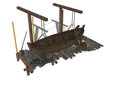 Wooden Boat Placed On Wooden Platform With Supporting Frames Ropes And Tools 3d model