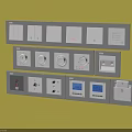 White Switch Panels With Various Types Buttons Knobs And Digital Displays On Yellow Background