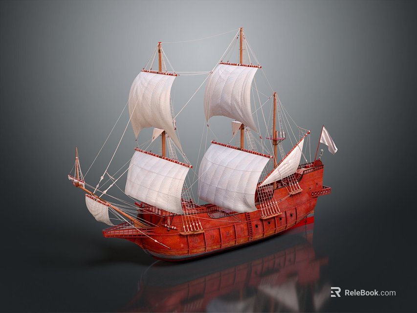 Vintage Red Wooden Sailing Ship Model With White Sails And Multiple Masts 3d model 