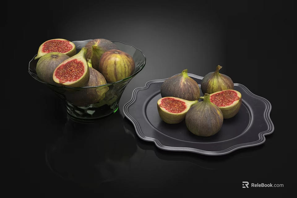 Fresh Figs Sliced with Red Flesh Displayed in Glass Bowl and Black Plate 3d model 