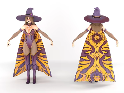 Magical Witch Game Movie Character With Purple Hat Sun Patterned Yellow Purple Cloak And Boots 3d model
