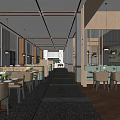 Elegant Modern Restaurant Interior With Wooden Decor Hanging Lamps And Dining Tables