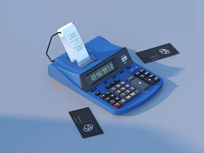 Blue Electronic Calculator with Receipt Paper and Black Cards for Daily Use 3d model