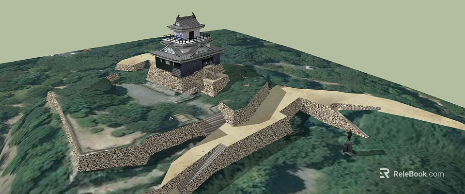 Traditional Ancient Architecture Tower With Stone Fortress Walls In Lush Green Landscape 3d model 