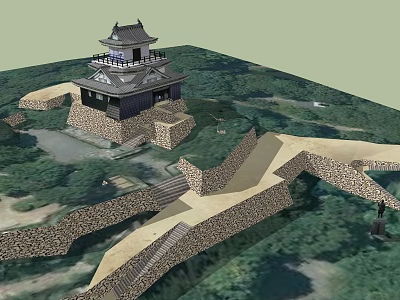 Traditional Ancient Architecture Tower With Stone Fortress Walls In Lush Green Landscape 3d model