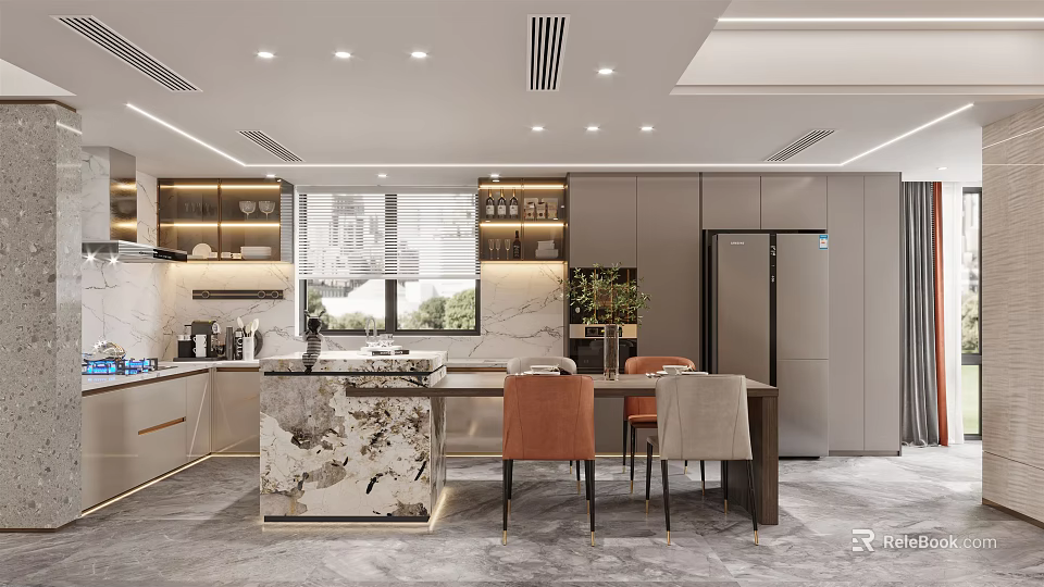 Modern Restaurant Interior With Open Design Marble Countertop Dining Table And Chairs 3d model