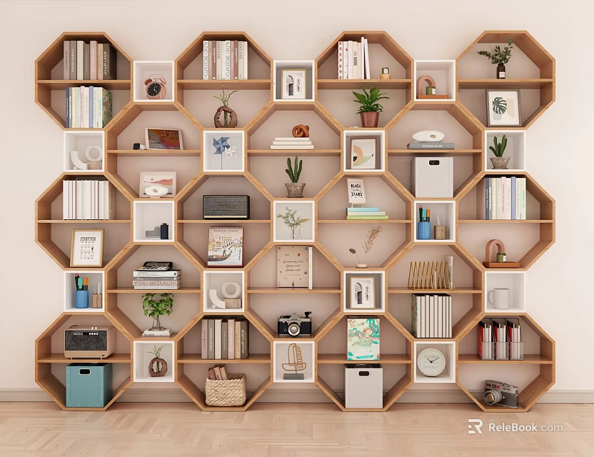 Hexagonal Wooden Bookshelf With Books Potted Plants Photo Frames And Decor Items 3d model 