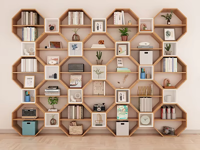 Hexagonal Wooden Bookshelf With Books Potted Plants Photo Frames And Decor Items 3d model