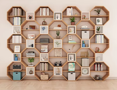 Hexagonal Wooden Bookshelf With Books Potted Plants Photo Frames And Decor Items 3d model