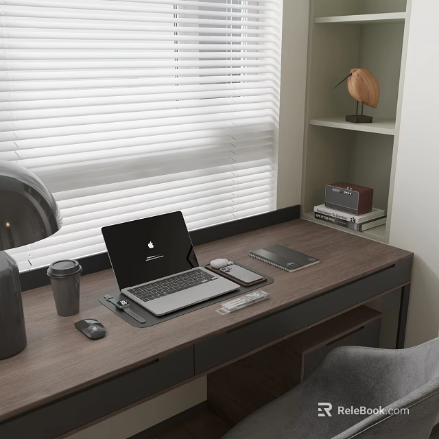 Modern Wooden Desk with Laptop Phone Tablet Mouse Mug Near Window with White Blinds 3d model 