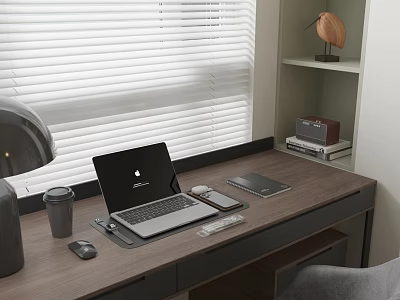 Modern Wooden Desk with Laptop Phone Tablet Mouse Mug Near Window with White Blinds 3d model