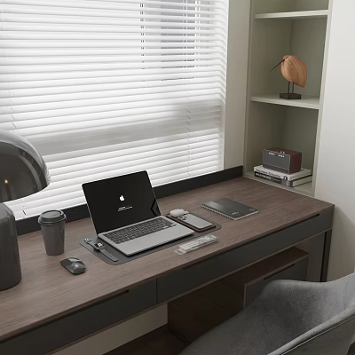 Modern Wooden Desk with Laptop Phone Tablet Mouse Mug Near Window with White Blinds 3d model