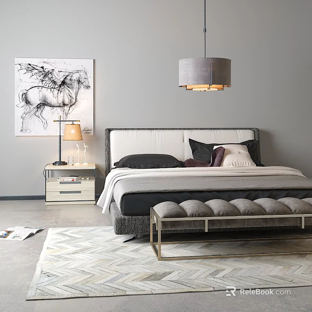 Modern Double Bed with Nightstand Lamp Horse Painting Pendant Light Bench and Rug 3d model 