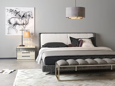 Modern Double Bed with Nightstand Lamp Horse Painting Pendant Light Bench and Rug 3d model