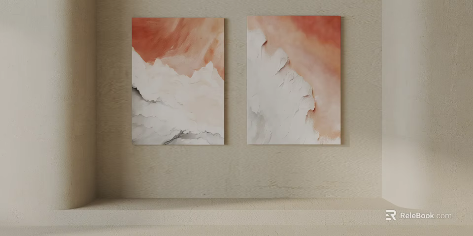 Two Abstract Wall Art Paintings With Orange And White Textured Design 3d model