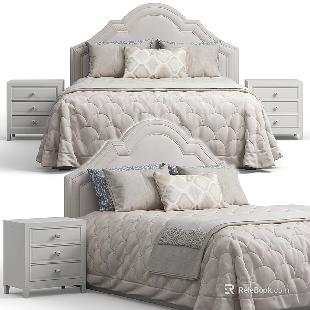 Elegant Double Bed with Scalloped Headboard Quilted Bedding Decorative Pillows and Nightstands 3d model 