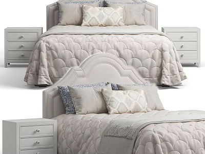Elegant Double Bed with Scalloped Headboard Quilted Bedding Decorative Pillows and Nightstands 3d model