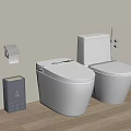 Modern White Toilets With Toilet Paper Holder Trash Bin Light Colored Wall And Wooden Floor
