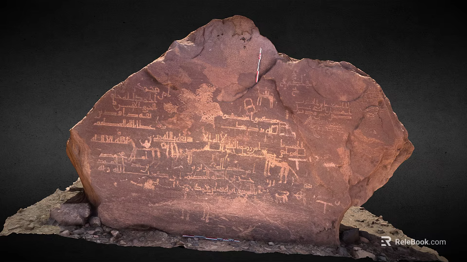 Ancient Red Rock With Petroglyphs And Wooden Accents In Natural Historical 3d model 