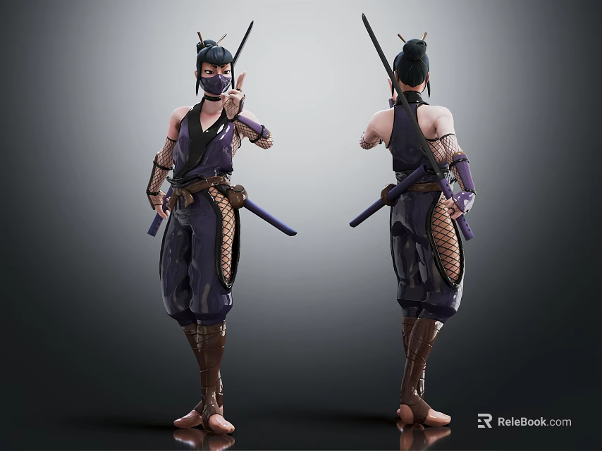 Ninja Characters With Purple Black Outfit Mesh Armor And Hair Ornament Standing Front Back View 3d model 