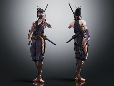 Ninja Characters With Purple Black Outfit Mesh Armor And Hair Ornament Standing Front Back View 3d model