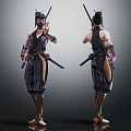 Ninja Characters With Purple Black Outfit Mesh Armor And Hair Ornament Standing Front Back View