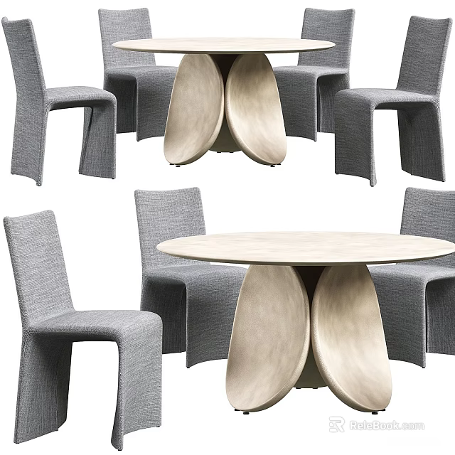 Modern Dining Table Set With Gray Fabric Chairs And Unique Wooden Base Design 3d model 