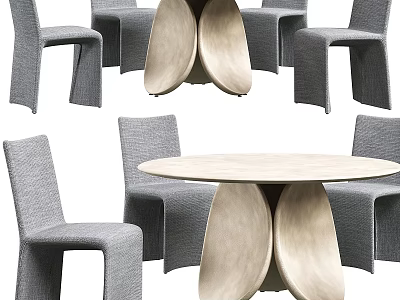 Modern Dining Table Set With Gray Fabric Chairs And Unique Wooden Base Design 3d model