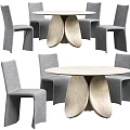 Modern Dining Table Set With Gray Fabric Chairs And Unique Wooden Base Design 3d model