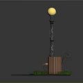 Urban Street Scene With Decorative Street Lamp Wooden Bench Trash Can And Grass