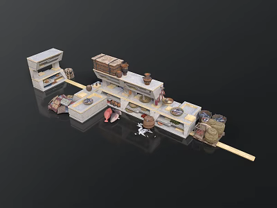 Detailed Kitchen Storage System With Shelves Cabinets Clay Pots And Baskets 3d model