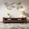 Walnut Wood TV Stand With White Top Drawers Table Lamp And Decorative Vase