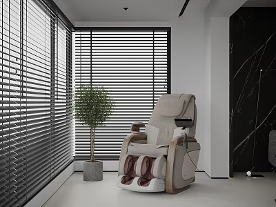 Modern Minimalist Interior With Massage Chair Vertical Blinds And Potted Plant 3d model