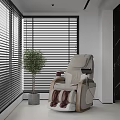 Modern Minimalist Interior With Massage Chair Vertical Blinds And Potted Plant
