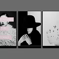Black And White Female Portrait Triptych Wall Art With Hat And Birds Elements