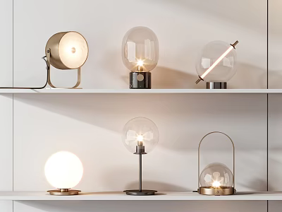 Modern Table Lamps In Various Styles With Globe And Cylindrical Designs On White Shelves 3d model