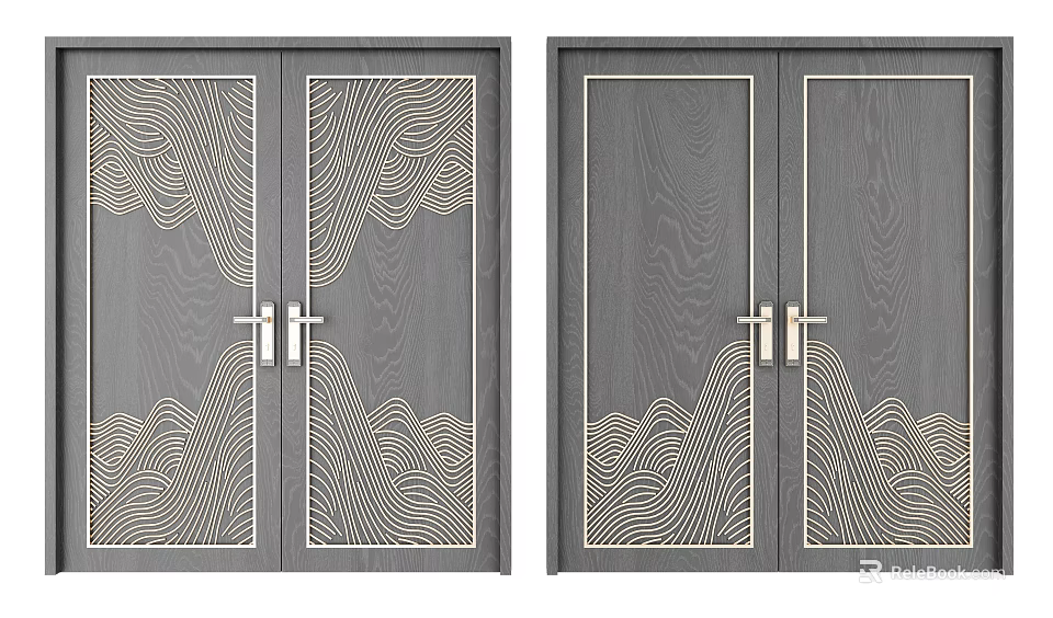 Elegant Double Doors Design With Dark Wood Gold Wave Patterns And Metal Handles 3d model 