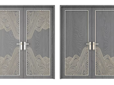 Elegant Double Doors Design With Dark Wood Gold Wave Patterns And Metal Handles 3d model