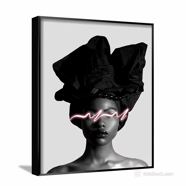 Figurative Portrait With Black Ruffled Headpiece Pink Neon Light Facial Lines On Black White Background 3d model 