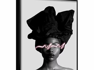 Figurative Portrait With Black Ruffled Headpiece Pink Neon Light Facial Lines On Black White Background 3d model