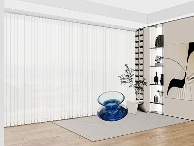 White Vertical Blinds Modern Living Room With Wooden Floor Blue Glass Decor And Wall Art 3d model