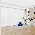 White Vertical Blinds Modern Living Room With Wooden Floor Blue Glass Decor And Wall Art
