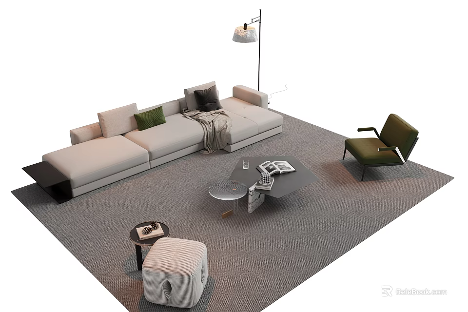 Modern Light Sofa and Coffee Table Set with Pillows Throw Blanket Accent Chair Ottoman 3d model