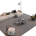 Modern Light Sofa and Coffee Table Set with Pillows Throw Blanket Accent Chair Ottoman 3d model